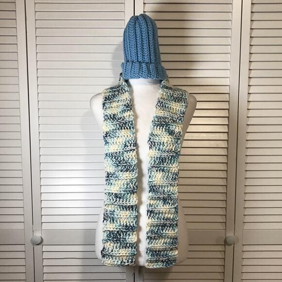 NWT Handmade Crocheted Blue Textured Beanie & Scarf 58” main image 4